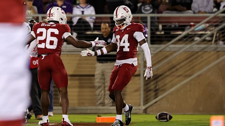 Aug 30, 2024; Stanford, California, USA; Stanford Cardinal wide receiver Ismael Cisse (84) celebrates after scoring a touchdown during the second quarter against the TCU Horned Frogs at Stanford Stadium. Mandatory Credit: Sergio Estrada-Imagn Images