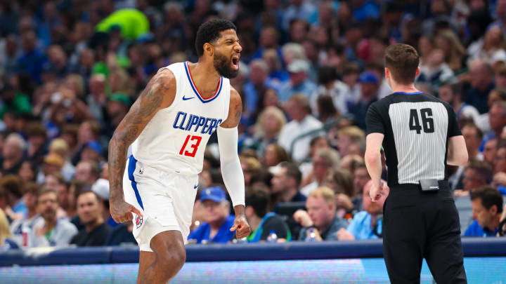 Apr 28, 2024; Dallas, Texas, USA;  LA Clippers forward Paul George (13) reacts after scoring during the first quarter against the Dallas Mavericks during game four of the first round for the 2024 NBA playoffs at American Airlines Center. Mandatory Credit: Kevin Jairaj-USA TODAY Sports