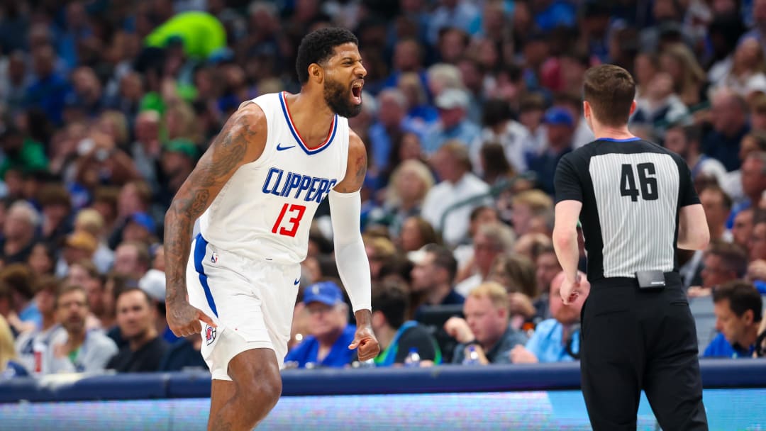 Apr 28, 2024; Dallas, Texas, USA;  LA Clippers forward Paul George (13) reacts after scoring during the first quarter against the Dallas Mavericks during game four of the first round for the 2024 NBA playoffs at American Airlines Center. Mandatory Credit: Kevin Jairaj-USA TODAY Sports