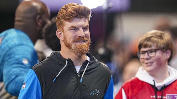 Carolina Panthers quarterback Andy Dalton (14) on the field prior to the game against the Atlanta Falcons