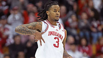 Indiana's Lamar Wilkerson celebrates after making a 3-pointer Nov. 12, 2025, against Milwaukee at Simon Skjodt Assembly Hall.