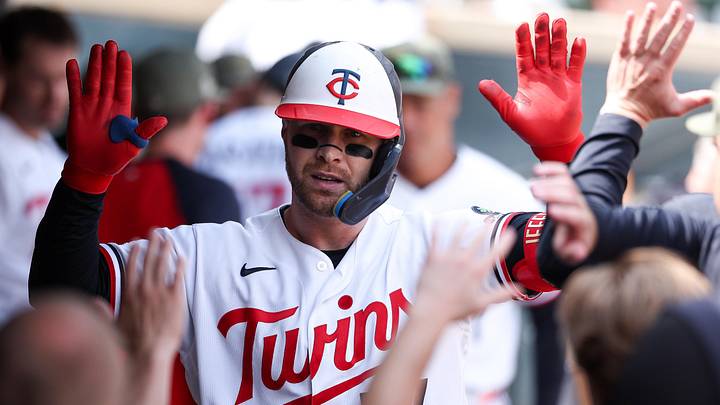 May 17, 2026; Minneapolis, Minnesota, USA; Minnesota Twins designated hitter Ryan Jeffers (27) celebrates his solo home run against the Milwaukee Brewers during the fifth inning at Target Field. Mandatory Credit: Matt Krohn-Imagn Images
