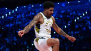 December 9, 2023; Las Vegas, Nevada, USA; Indiana Pacers forward Obi Toppin (1) dunks the basketball during the first quarter of the in-season tournament championship against the Los Angeles Lakers at T-Mobile Arena. Mandatory Credit: Kyle Terada-USA TODAY Sports