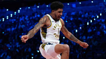 December 9, 2023; Las Vegas, Nevada, USA; Indiana Pacers forward Obi Toppin (1) dunks the basketball during the first quarter of the in-season tournament championship against the Los Angeles Lakers at T-Mobile Arena. Mandatory Credit: Kyle Terada-USA TODAY Sports