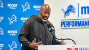 Detroit Lions GM Brad Holmes speaks to the press about 2024 NFL season at the team's performance center