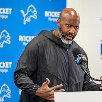 Detroit Lions GM Brad Holmes speaks to the press about 2024 NFL season at the team's performance center