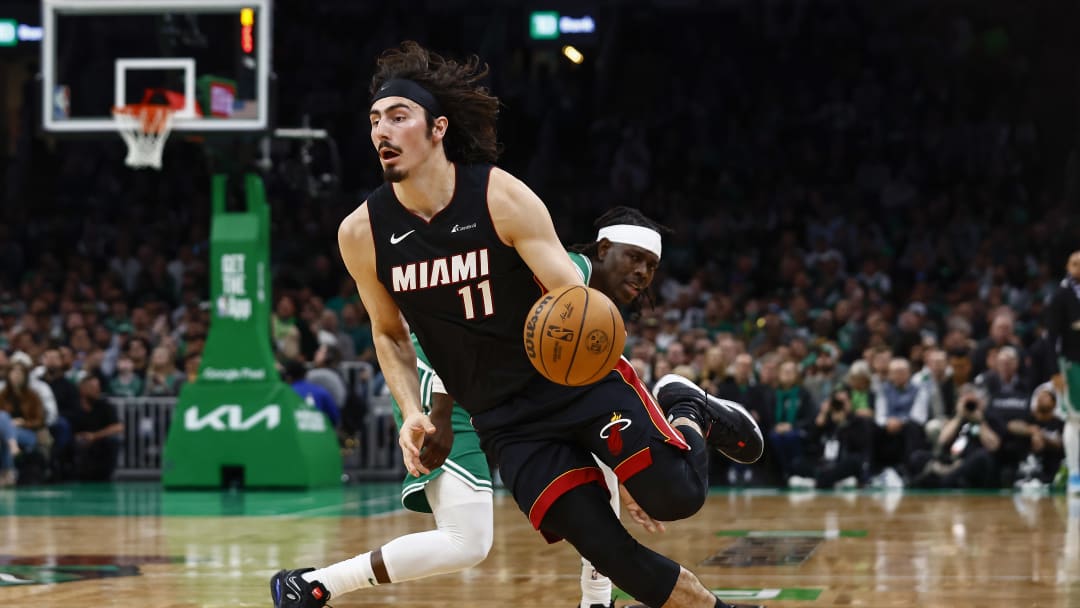 Jaime Jaquez Jr. takes Jrue Holiday off the dribble during Game 2 of the Miami Heat's most recent playoff series against the Boston Celtics