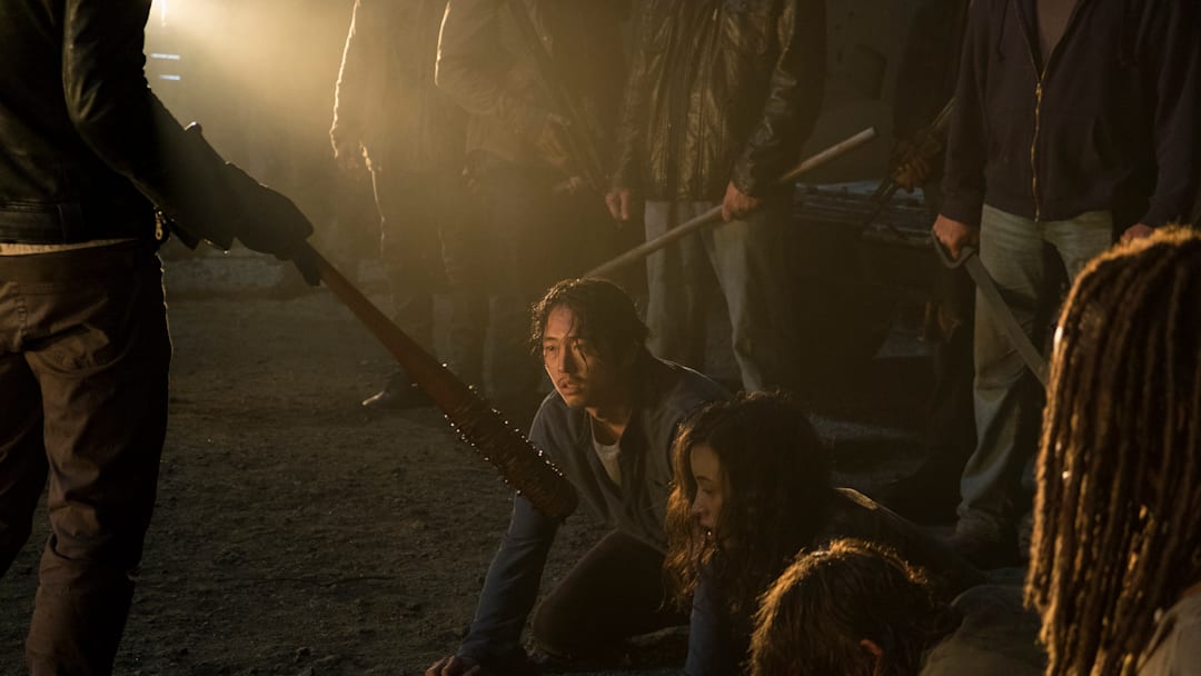  Jeffrey Dean Morgan as Negan, Danai Gurira as Michonne, Norman Reedus as Daryl Dixon, Christian Serratos as Rosita Espinosa, Steven Yeun as Glenn Rhee - The Walking Dead _ Season 7, Episode 1 - Photo Credit: Gene Page/AMC
