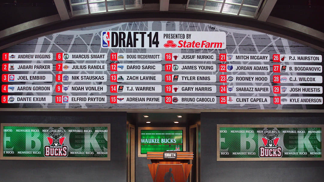 Jun 26, 2014; Brooklyn, NY, USA; A general view as the names of the first round draft picks are displayed above the stage during the 2014 NBA Draft at the Barclays Center. Mandatory Credit: Brad Penner-Imagn Images