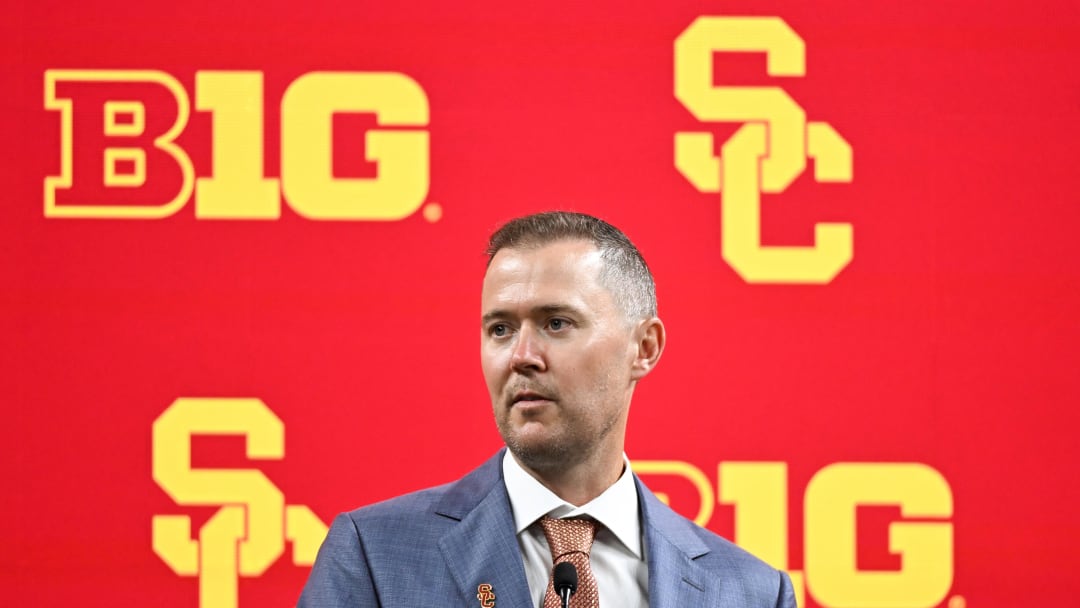 Jul 24, 2024; Indianapolis, IN, USA;  USC Trojans head coach Lincoln Riley speaks to the media during the Big 10 football media day at Lucas Oil Stadium. Mandatory Credit: Robert Goddin-USA TODAY Sports