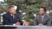 May 11, 2014; Pittsburgh, PA, USA; ESPN network personalities John Kruk (left) and Karl Ravech (right) on the set of the Sunday Night Baseball pre-game show as the Pittsburgh Pirates host the St. Louis Cardinals at PNC Park.