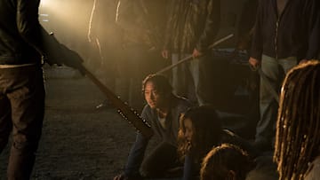  Jeffrey Dean Morgan as Negan, Danai Gurira as Michonne, Norman Reedus as Daryl Dixon, Christian Serratos as Rosita Espinosa, Steven Yeun as Glenn Rhee - The Walking Dead _ Season 7, Episode 1 - Photo Credit: Gene Page/AMC