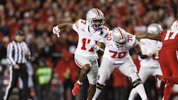 Oct 28, 2023; Madison, Wisconsin, USA;  Ohio State Buckeyes wide receiver Carnell Tate (17) during the game against the Wisconsin Badgers at Camp Randall Stadium. Mandatory Credit: Jeff Hanisch-Imagn Images