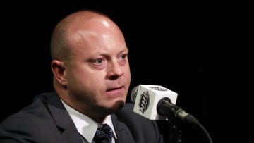 Jun 2, 2015; Tampa, FL, USA; Chicago Blackhawks general manager Stan Bowman talks with media during media day the day before the 2015 Stanley Cup Final at Amalie Arena. Mandatory Credit: Kim Klement-USA TODAY Sports