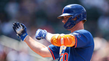 Jun 2, 2024; New York City, New York, USA;  New York Mets first baseman Pete Alonso (20) reacts after hitting an RBI single during the third inning against the Arizona Diamondbacks at Citi Field. Mandatory Credit: Vincent Carchietta-USA TODAY Sports