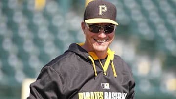 Mar 10, 2014; Bradenton, FL, USA; Pittsburgh Pirates hitting coach Jeff Banister (28) watches batting practice prior to the game against the Baltimore Orioles at McKechnie Field. Mandatory Credit: Kim Klement-Imagn Images