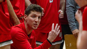 Head coach for Boulder Creek High School, Justin Collard, talks to his team during a timeout at Sandra day O'Connor high school gym in Phoenix on Jan. 26, 2024.