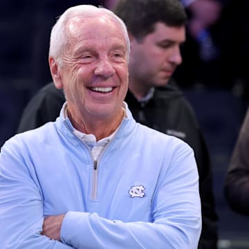 Dec 5, 2023; New York, New York, USA; North Carolina Tar Heels former head coach Roy Williams watches from the stands during halftime against the Connecticut Huskies at Madison Square Garden. 