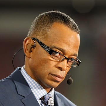 Nov 11, 2013; Tampa, FL, USA; ESPN announcer Stuart Scott prior to the game between the Miami Dolphins and Tampa Bay Buccaneers at Raymond James Stadium. Mandatory Credit: Kim Klement-Imagn Images