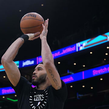May 7, 2025; Boston, Massachusetts, USA; Boston Celtics forward Jayson Tatum (0) warms up before the start of game two of the second round for the 2025 NBA Playoffs against the New York Knicks at TD Garden. Mandatory Credit: David Butler II-Imagn Images
