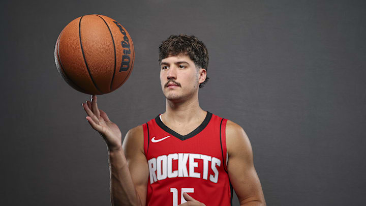 Sep 30, 2024; Houston, TX, USA; Houston Rockets guard Reed Sheppard (15) during Houston Rockets media day. Mandatory Credit: Troy Taormina-Imagn Images