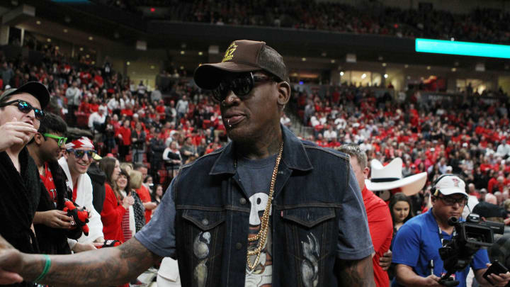 Feb 29, 2020; Lubbock, Texas, USA;  NBA Hall of Fame member Dennis Rodman greets the crowd during the game between the Texas Tech Red Raiders and the Texas Longhorns at United Supermarkets Arena. Mandatory Credit: Michael C. Johnson-USA TODAY Sports