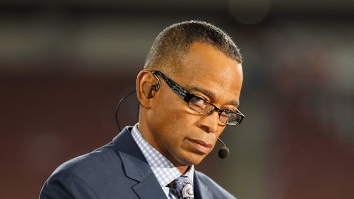 Nov 11, 2013; Tampa, FL, USA; ESPN announcer Stuart Scott prior to the game between the Miami Dolphins and Tampa Bay Buccaneers at Raymond James Stadium. Mandatory Credit: Kim Klement-Imagn Images