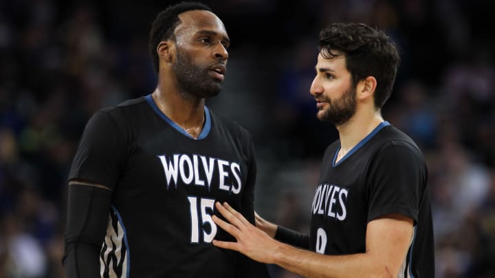 Apr 4, 2017; Oakland, CA, USA; Minnesota Timberwolves guard Ricky Rubio (9) and forward Shabazz Muhammad (15) during the second quarter at Oracle Arena. Mandatory Credit: Sergio Estrada-USA TODAY Sports