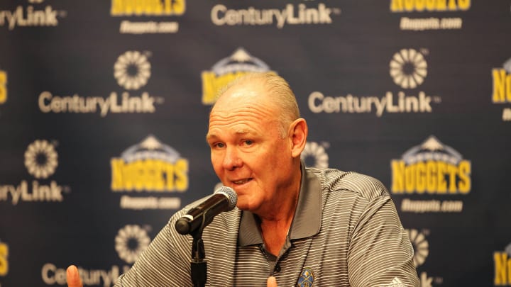 Oct 1, 2012; Denver, CO, USA; Denver Nuggets head coach George Karl is interviewed by reporters during media day at the Pepsi Center. Mandatory Credit: Troy Babbitt-USA TODAY Sports