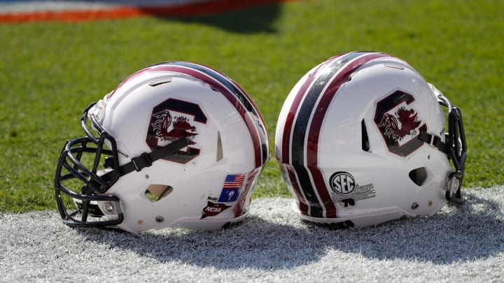Nov 15, 2014; Gainesville, FL, USA; South Carolina Gamecocks helmets lay on the field prior to the game against the Florida Gators at Ben Hill Griffin Stadium. Mandatory Credit: Kim Klement-USA TODAY Sports