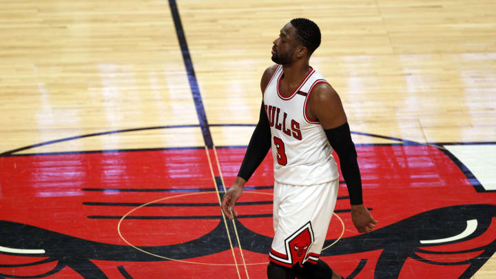 Apr 21, 2017; Chicago, IL, USA; Chicago Bulls guard Dwyane Wade (3) walks across the court during the first quarter in game three of the first round of the 2017 NBA Playoffs against the Boston Celtics at United Center. Mandatory Credit: Caylor Arnold-USA TODAY Sports