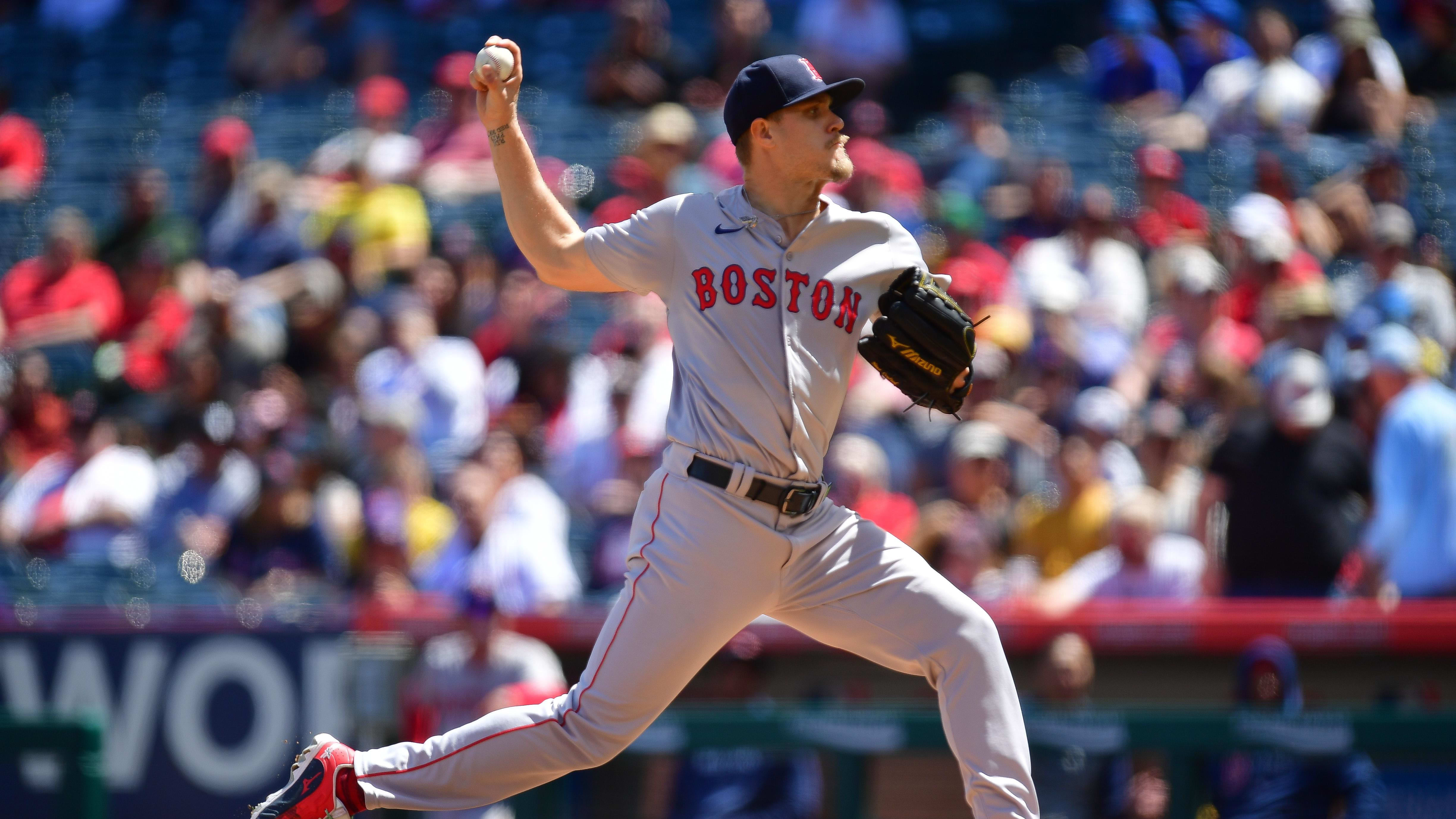 Apr 7, 2024; Anaheim, California, USA; Boston Red Sox pitcher Tanner Houck (89) throws against the Los Angeles Angels.