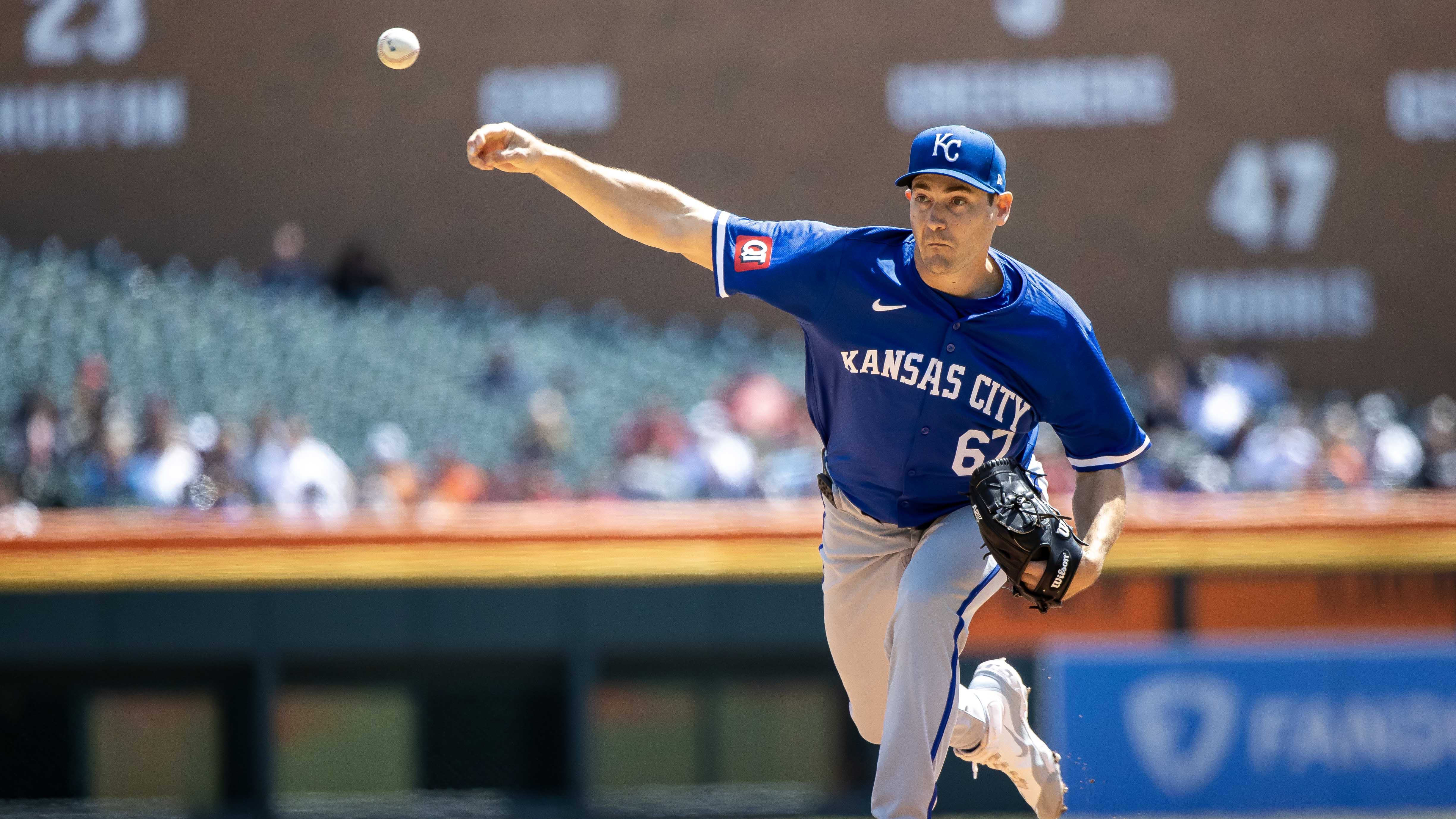Apr 26, 2024; Detroit, Michigan, USA; Kansas City Royals pitcher Seth Lugo (67) throws in the first inning.