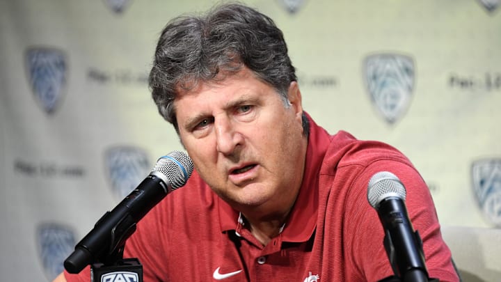 Jul 24, 2019; Los Angeles, CA, USA; Washington State Cougars coach Mike Leach during Pac-12 football media day at Hollywood & Highland. Mandatory Credit: Kirby Lee-Imagn Images