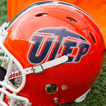 Sep 22, 2012; Madison, WI, USA;  A UTEP Miners helmet during the game against the Wisconsin Badgers at Camp Randall Stadium.  Wisconsin defeated UTEP 37-26.  Mandatory Credit: Jeff Hanisch-Imagn Images