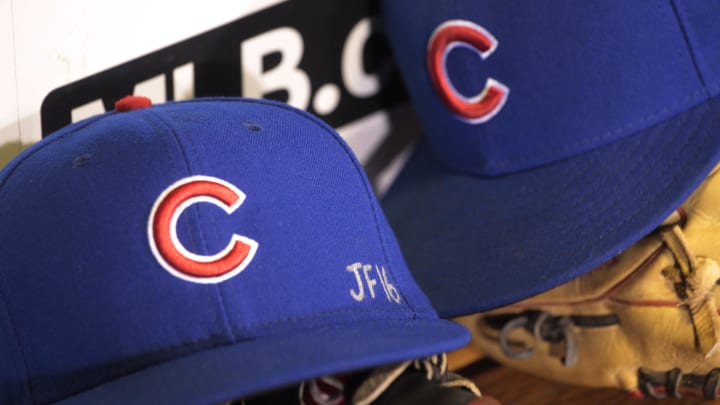 Sep 26, 2016; Pittsburgh, PA, USA; A detail view of a tribute to Miami Marlin pitcher Jose Fernandez on the hat worn by Chicago Cubs center fielder Albert Almora Jr. (not pictured) against the Pittsburgh Pirates at PNC Park.