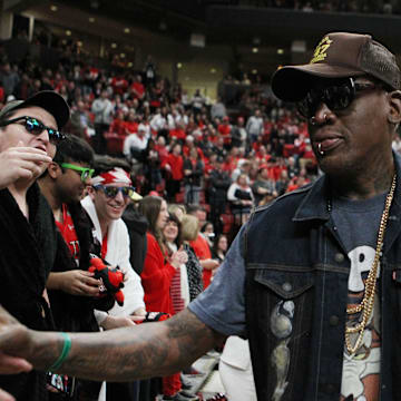Feb 29, 2020; Lubbock, Texas, USA;  NBA Hall of Fame member Dennis Rodman greets the crowd during the game between the Texas Tech Red Raiders and the Texas Longhorns at United Supermarkets Arena. Mandatory Credit: Michael C. Johnson-Imagn Images