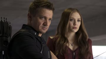 Marvel's Captain America: Civil War..L to R: Hawkeye/Clint Barton (Jeremy Renner) and Scarlet Witch/Wanda Maximoff (Elizabeth Olsen)..Photo Credit: Zade Rosenthal..© Marvel 2016