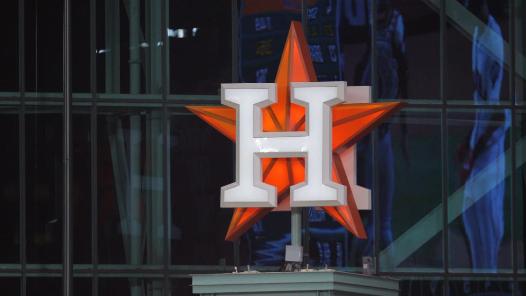 Oct 22, 2019; Houston, TX, USA; The Houston Astros logo is seen during the third inning of game one of the 2019 World Series against the Washington Nationals at Minute Maid Park. Mandatory Credit: Erik Williams-USA TODAY Sports