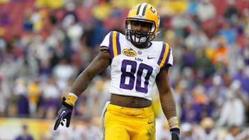 Jan 1, 2014; Tampa, Fl, USA; LSU Tigers wide receiver Jarvis Landry (80) against the Iowa Hawkeyes during the first half at Raymond James Stadium. Mandatory Credit: Kim Klement-USA TODAY Sports