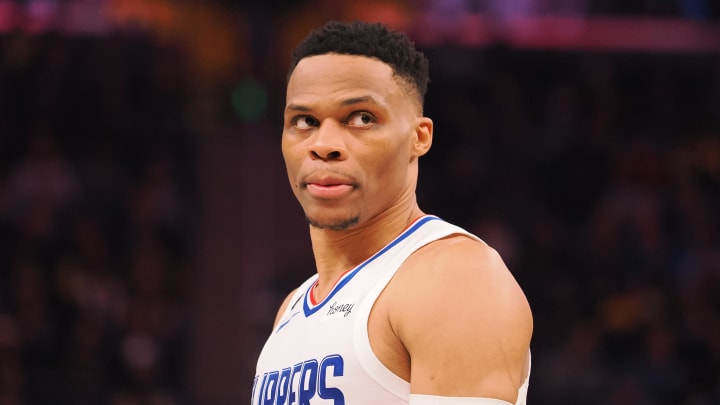 Mar 2, 2023; San Francisco, California, USA; Los Angeles Clippers point guard Russell Westbrook (0) between plays against the Golden State Warriors during the second quarter at Chase Center. Mandatory Credit: Kelley L Cox-USA TODAY Sports