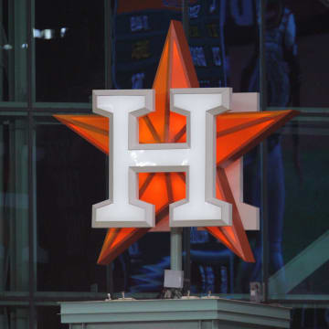 Oct 22, 2019; Houston, TX, USA; The Houston Astros logo is seen during the third inning of game one of the 2019 World Series against the Washington Nationals at Minute Maid Park. Mandatory Credit: Erik Williams-USA TODAY Sports