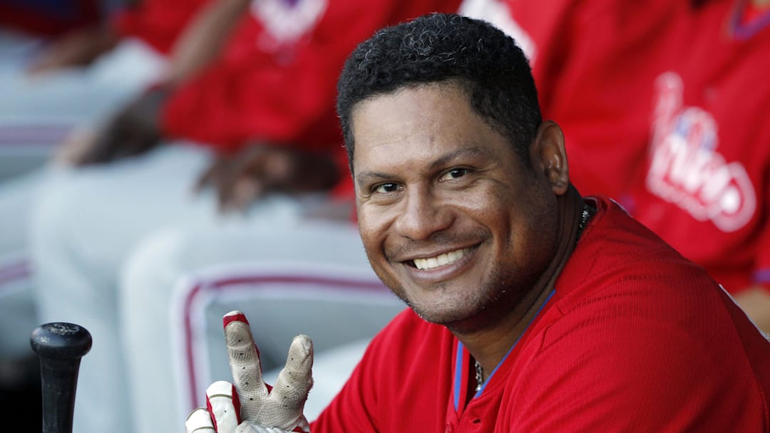 Mar 25, 2014; Tampa, FL, USA; Philadelphia Phillies designator hitter Bobby Abreu (53) in the dugout against the New York Yankees at George M. Steinbrenner Field.