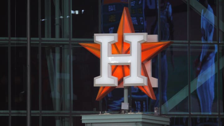 Oct 22, 2019; Houston, TX, USA; The Houston Astros logo is seen during the third inning of game one
