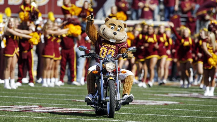 Sep 18, 2010; Minneapolis, MN, USA; Minnesota Gophers mascot Goldy Gopher rides on to the field prior to the game against the Southern California Trojans at TCF Bank Stadium. The Trojans won 32-21. Mandatory Credit: Bruce Kluckhohn-USA TODAY Sports