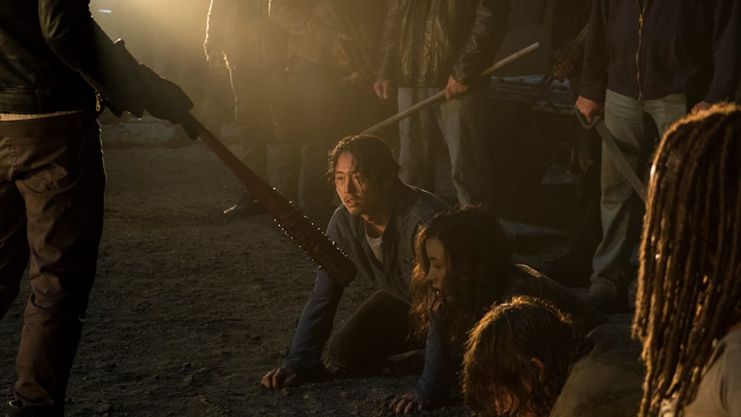  Jeffrey Dean Morgan as Negan, Danai Gurira as Michonne, Norman Reedus as Daryl Dixon, Christian Serratos as Rosita Espinosa, Steven Yeun as Glenn Rhee - The Walking Dead _ Season 7, Episode 1 - Photo Credit: Gene Page/AMC
