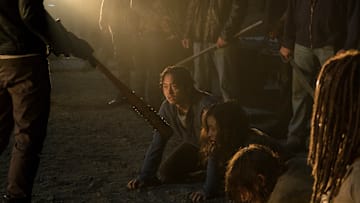  Jeffrey Dean Morgan as Negan, Danai Gurira as Michonne, Norman Reedus as Daryl Dixon, Christian Serratos as Rosita Espinosa, Steven Yeun as Glenn Rhee - The Walking Dead _ Season 7, Episode 1 - Photo Credit: Gene Page/AMC
