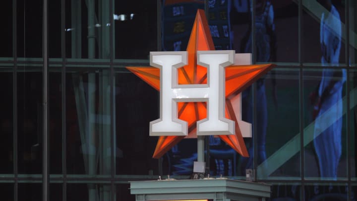 Oct 22, 2019; Houston, TX, USA; The Houston Astros logo is seen during the third inning of game one of the 2019 World Series against the Washington Nationals at Minute Maid Park. Mandatory Credit: Erik Williams-USA TODAY Sports