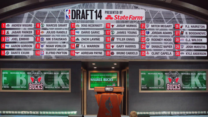 Jun 26, 2014; Brooklyn, NY, USA; A general view as the names of the first round draft picks are displayed above the stage during the 2014 NBA Draft : Brad Penner-USA TODAY Sports