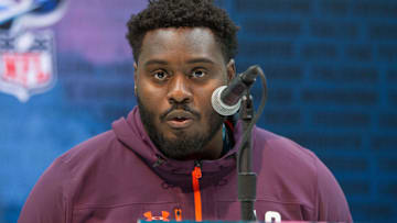 Former Atlanta Falcons offensive lineman Isaiah Prince (OL48)  speaks to the media during the 2019 NFL Combine at Indianapolis Convention Center.
